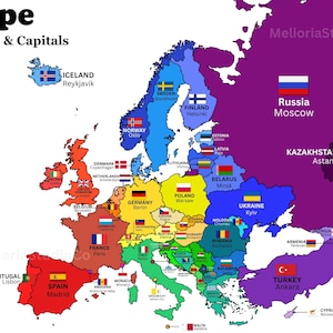 ヨーロッパのデジタル地図（国旗と首都付き）｜印刷可能なカラフルな地理ポスター｜すぐにダウンロード