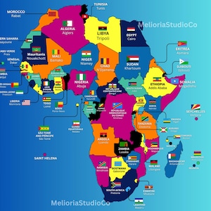 May include: A detailed map of Africa, displaying countries, flags, and capital cities. The map has a blue background and the title "AFRICA Countries, Flags & Capitals." Each country is a different colour, with flags and capital cities labelled.