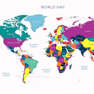 Wereldkaart afdrukbare, gelabelde landenkaart, educatieve geografie muurkunst, klas homeschool decor, instant download