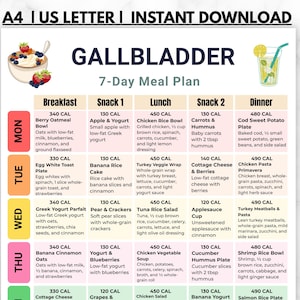 May include: A 7-day meal plan chart titled GALLBLADDER with a grid layout detailing breakfast, snacks, and dinner options with calorie counts. The document includes illustrations of a berry oatmeal bowl and a lemon water glass at the top.