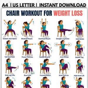 May include: A digital poster titled Chair Workout for Weight Loss featuring a grid of illustrations showing a person in a teal shirt and purple leggings performing various seated exercises on a wooden chair with text labels for each movement.
