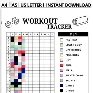 May include: A printable workout tracker document featuring the text WORKOUT TRACKER, a grid for twelve months and thirty-one days, and a color-coded key. The key lists categories including rest day, lower body, upper body, full body, HIIT, run, walk, pilates/yoga, sports, dance, and other. Illustrations of dumbbells and a water bottle are included.