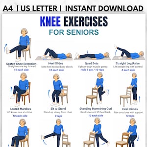 Knee Exercises for Seniors Printable PDF, 16 Gentle Knee Strength and Mobility Exercises, Senior Knee Pain Relief Workout Chart