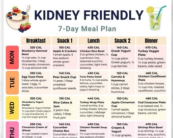 Plano alimentar de 7 dias para quem tem problemas renais, dieta para doença renal crônica (DRC) para imprimir, planejador de refeições para pacientes renais, dieta renal com baixo teor de sódio, guia de alimentação saudável, lista de compras