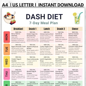 May include: A DASH Diet 7-Day Meal Plan chart featuring a grid of daily breakfast, snack, lunch, and dinner options with calorie counts. The document includes illustrations of a yogurt bowl and a lemon drink, with text headers for A4 and US Letter.