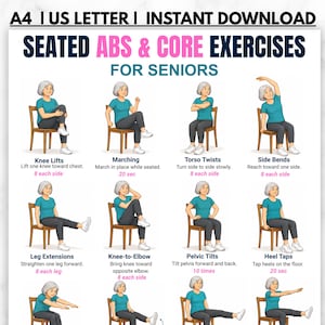 May include: A digital chart titled Seated Abs & Core Exercises for Seniors featuring sixteen illustrations of a person in a teal shirt and dark pants performing various seated movements on a wooden chair with instructional text and repetition counts.