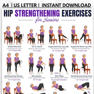 以下が含まれることがあります： Hip Strengthening Exercises for Seniorsというタイトルのデジタルポスター。紫色のシャツと黒いレギンスを着た人物が、椅子やマットを使って座った状態での足踏み、スクワット、レッグリフトなどの様々な運動を行っている様子が描かれています。