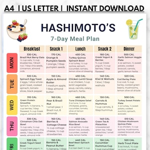 May include: A printable A4 and US Letter 7-day meal plan titled Hashimoto's 7-Day Meal Plan. The chart features a grid layout with daily rows from Monday to Sunday, categorized by breakfast, snacks, lunch, and dinner with calorie counts and ingredients.