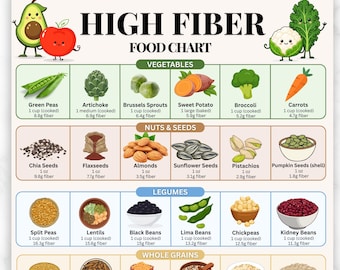 High Fiber Foods Chart Printable, Fiber Rich Food List PDF, Constipation Diet Guide, Gut Health Grocery Poster, High Fiber Grocery List