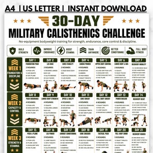 May include: A 30-day military calisthenics challenge workout chart featuring a grid of daily bodyweight exercises, including push-ups, lunges, and planks. The document includes text headers, week-by-week progress markers, and small illustrations of a person performing each exercise.