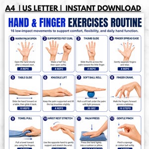 May include: A white instructional chart titled Hand & Finger Exercises Routine featuring sixteen numbered panels with illustrations of hand movements, descriptive text for each exercise, repetition counts, and bottom icons for safety guidelines.