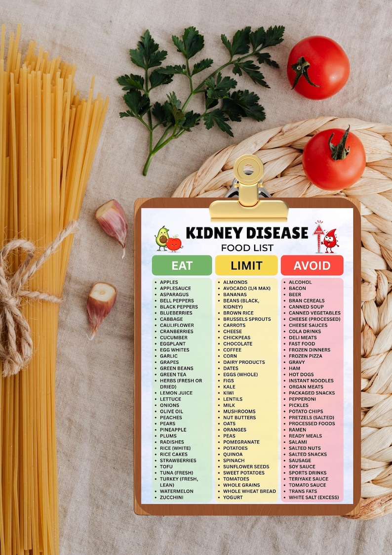 Pode incluir: Uma prancheta com uma lista impressa de alimentos para doen&ccedil;a renal, dividida em tr&ecirc;s colunas intituladas Eat, Limit e Avoid em fundos verde, amarelo e vermelho. A lista inclui v&aacute;rios alimentos categorizados de acordo com o seu impacto diet&eacute;tico.