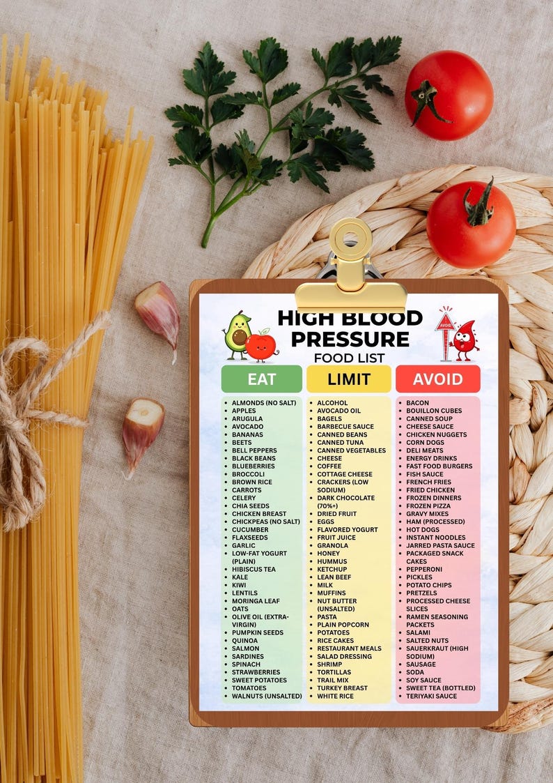 May include: A wooden clipboard with a gold clip displays a food list for high blood pressure, with foods to eat, limit, and avoid. Ingredients like tomatoes, garlic, and pasta are arranged around the clipboard.