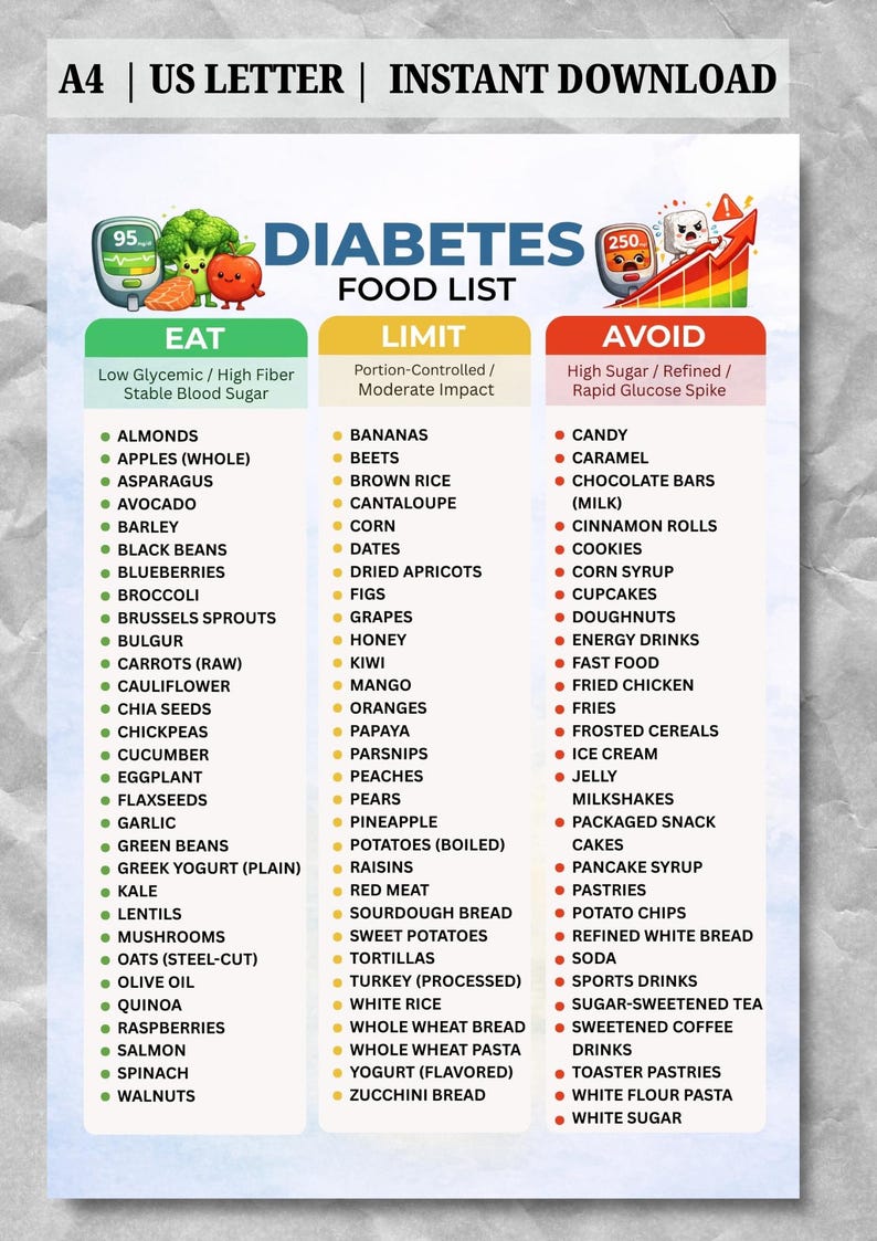 May include: A diabetes food list, categorized into Eat, Limit, and Avoid sections. The Eat section lists foods like almonds, apples, and avocado. The Limit section includes bananas, beets, and corn. The Avoid section lists candy, caramel, and chocolate bars.