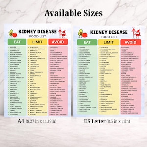 Pode incluir: Duas tabelas informativas intituladas Kidney Disease Food List, categorizadas em colunas Eat, Limit e Avoid com fundos codificados por cores. A tabela da esquerda &eacute; tamanho A4 (21 cm x 29,7 cm) e a da direita &eacute; tamanho US Letter (21,6 cm x 27,9 cm).