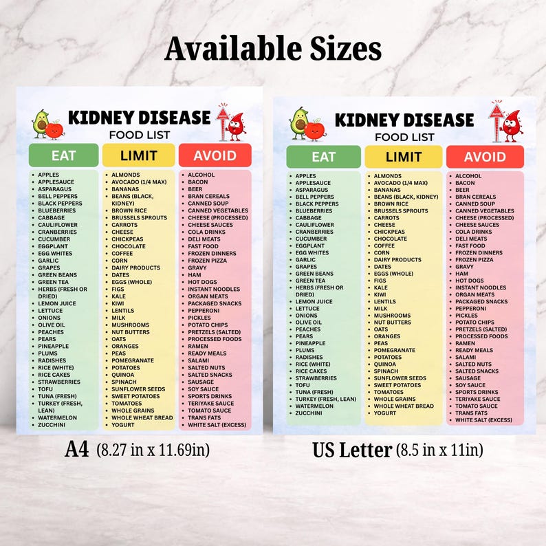 Pode incluir: Duas tabelas informativas intituladas Kidney Disease Food List, categorizadas em colunas Eat, Limit e Avoid com fundos codificados por cores. A tabela da esquerda &eacute; tamanho A4 (21 cm x 29,7 cm) e a da direita &eacute; tamanho US Letter (21,6 cm x 27,9 cm).