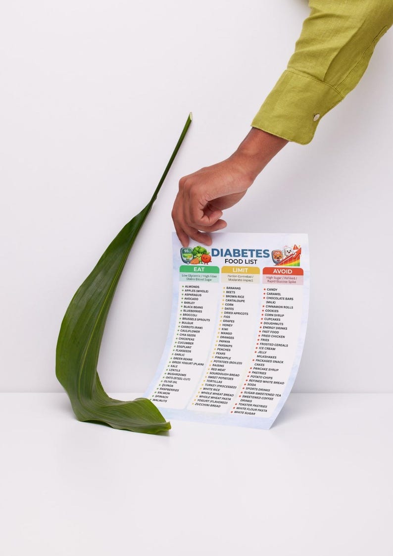 May include: A white paper titled "DIABETES FOOD LIST" is held by a person. The list categorizes foods into "EAT", "LIMIT", and "AVOID" sections. A large green leaf is in the foreground.
