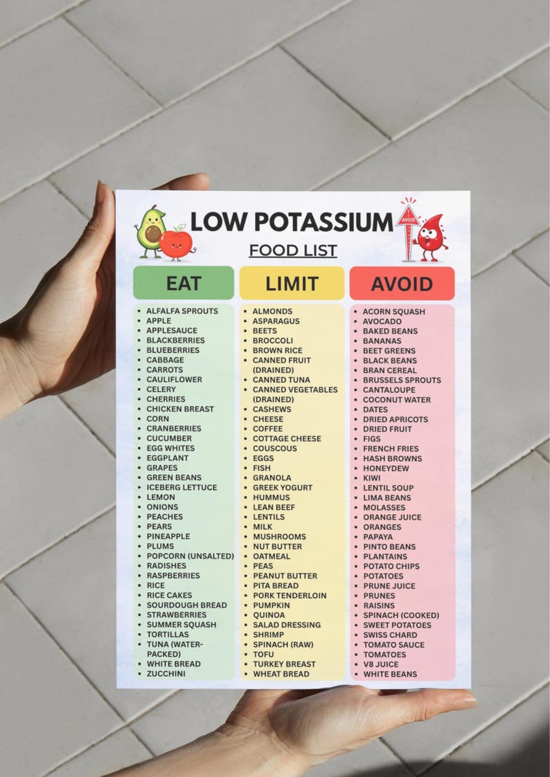 May include: A white informational chart titled LOW POTASSIUM FOOD LIST with three color-coded columns: green for EAT, yellow for LIMIT, and red for AVOID. The chart features cartoon illustrations of an avocado, an apple, and a red blood drop character.