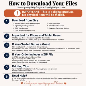 May include: A step-by-step guide on how to download files from Etsy, with instructions for phone and tablet users, ZIP files, and printing tips. The guide also includes a note that this is a digital product.