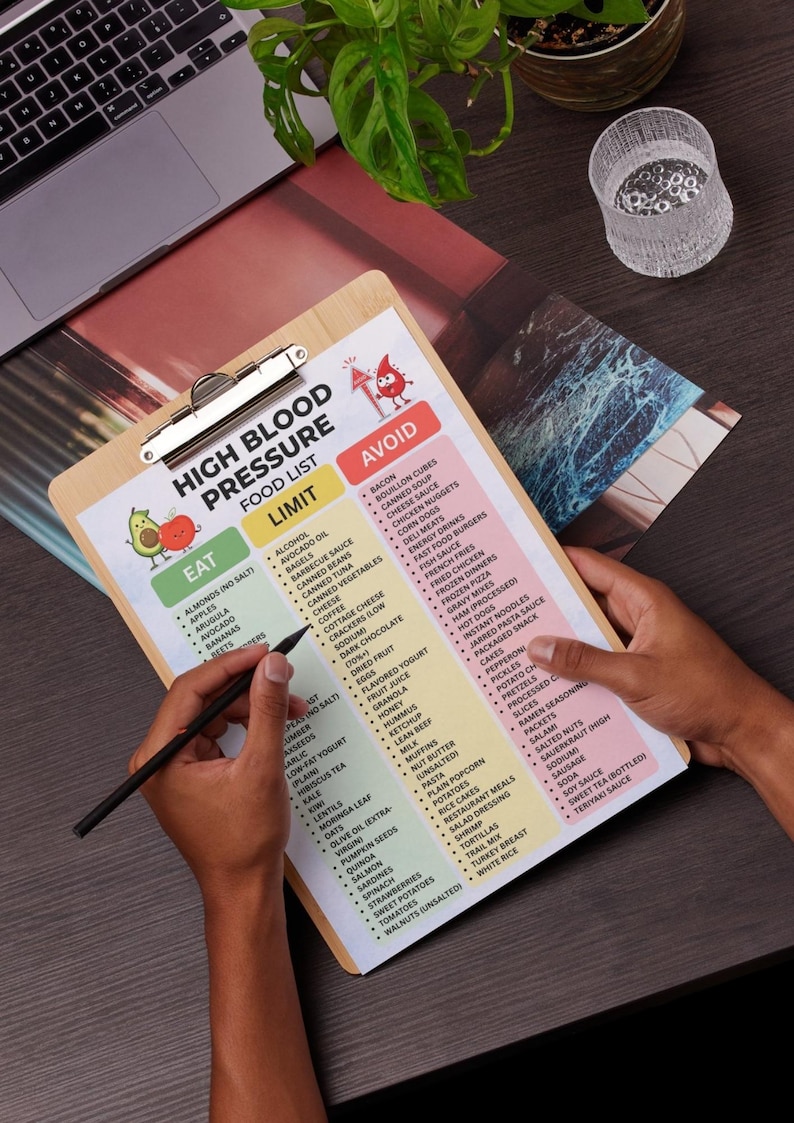 May include: A wooden clipboard with a printed "High Blood Pressure Food List" is held by a person. The list categorizes foods to "Eat," "Limit," and "Avoid." A pen is held in the person's hand, pointing to the list. A laptop and plant are in the background.