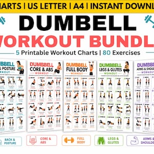 May include: A digital bundle of 5 printable dumbbell workout charts featuring 80 exercises. The text reads 5 CHARTS | US LETTER | A4 | INSTANT DOWNLOAD, DUMBELL WORKOUT BUNDLE, 5 Printable Workout Charts | 80 Exercises, and labels for specific body areas.
