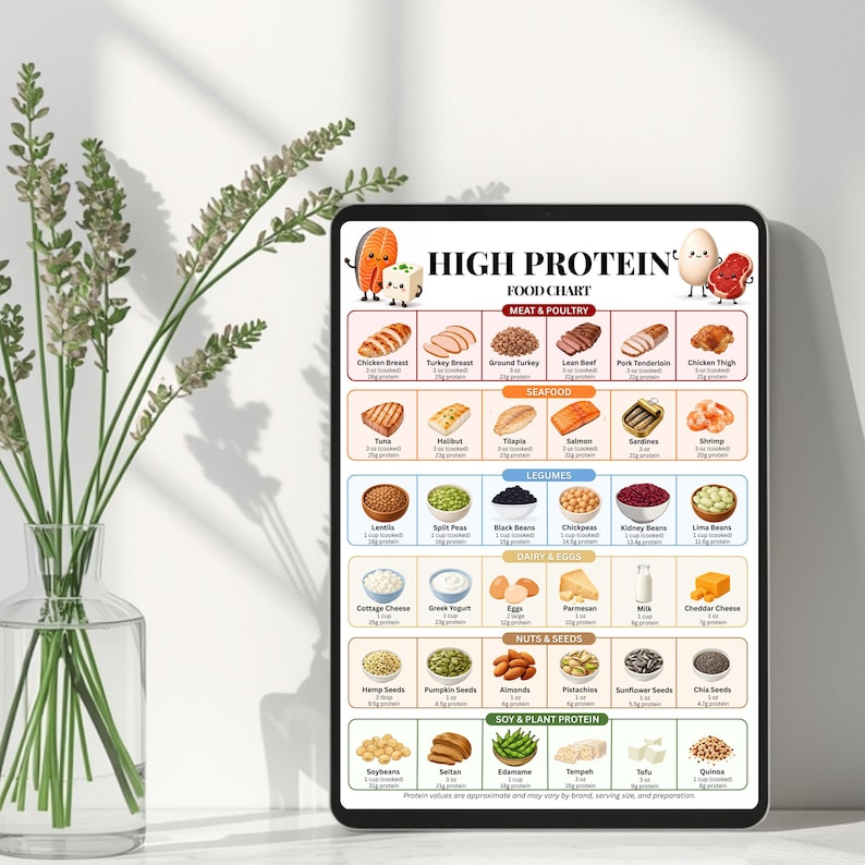 May include: A digital tablet displaying a High Protein Food Chart with categorized illustrations of meat, poultry, seafood, legumes, dairy, eggs, nuts, seeds, and soy. The chart includes text labels for various food items, serving sizes, and protein content.