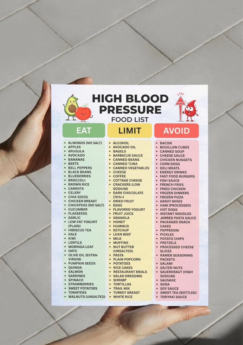 May include: A food list for high blood pressure, with three columns: "Eat," "Limit," and "Avoid." The "Eat" column lists healthy foods like fruits, vegetables, and lean proteins. The "Limit" column includes items like coffee and dried fruit. The "Avoid" column lists foods to avoid.