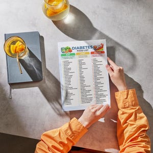 May include: A person holding a printed "Diabetes Food List" with "Eat" and "Avoid" sections. The list is on a gray surface, next to a blue notebook with a glass of orange-infused water and a glass of orange juice.