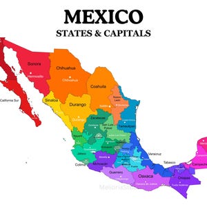 Op de afbeelding: Een kleurrijke kaart van Mexico, met de staten en hoofdsteden. De kaart is getiteld "MEXICO STATES & CAPITALS" in vette zwarte tekst. Elke staat heeft een andere kleur, met staatsnamen en hoofdsteden in het zwart.