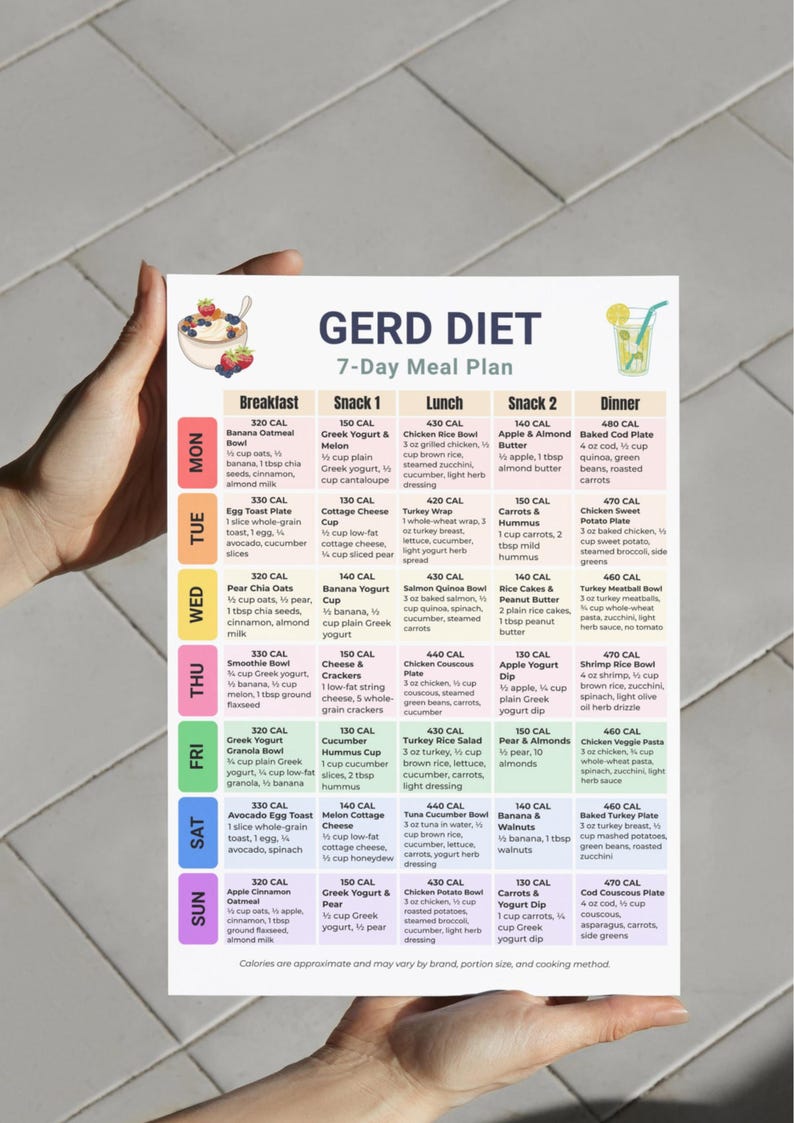 Gerd Menu Plan Example GERD Diet 7 Day Meal Plan Printable, Acid Reflux Meal Planner ...