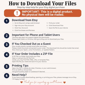 May include: An instructional graphic titled How to Download Your Files with a numbered list from one to six. It explains the process for downloading digital Etsy purchases, including guest checkout, ZIP file extraction, and printing tips for PDF files.