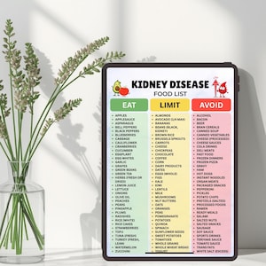 Pode incluir: Um tablet digital exibindo um gr&aacute;fico de Kidney Disease Food List com tr&ecirc;s colunas codificadas por cores rotuladas como Eat, Limit e Avoid. O gr&aacute;fico inclui listas de v&aacute;rios itens alimentares sob cada categoria, com pequenas ilustra&ccedil;&otilde;es de desenho animado de um abacate, um tomate e uma gota de sangue vermelha no topo.