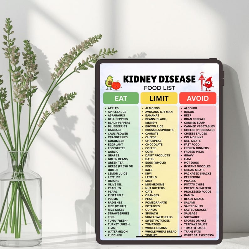 Pode incluir: Um tablet digital exibindo um gr&aacute;fico de Kidney Disease Food List com tr&ecirc;s colunas codificadas por cores rotuladas como Eat, Limit e Avoid. O gr&aacute;fico inclui listas de v&aacute;rios itens alimentares sob cada categoria, com pequenas ilustra&ccedil;&otilde;es de desenho animado de um abacate, um tomate e uma gota de sangue vermelha no topo.