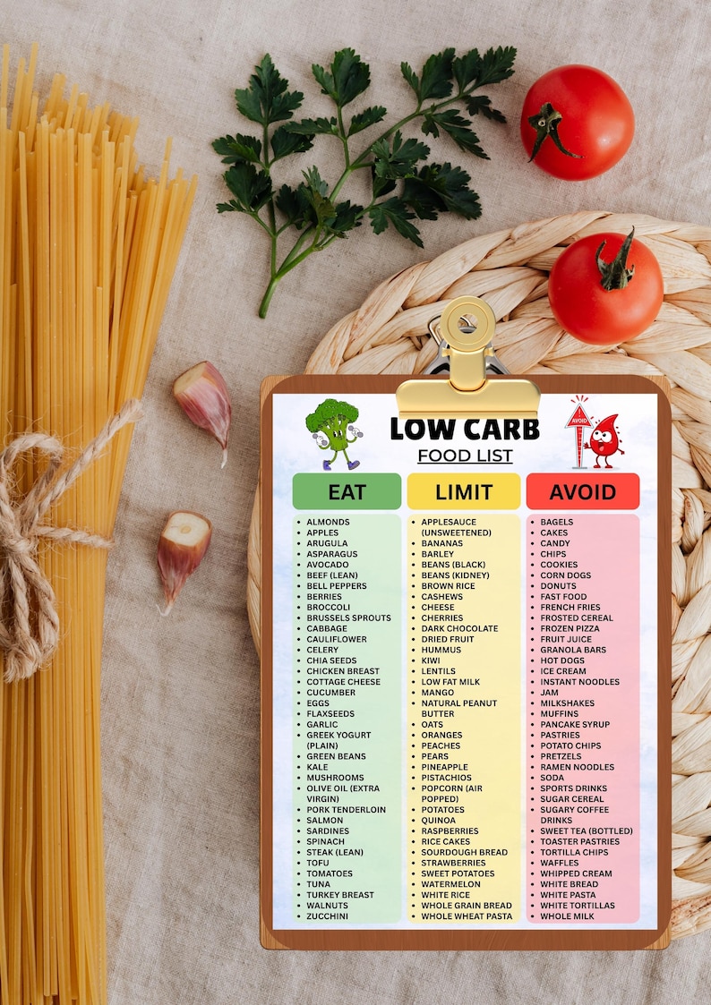 Pu&ograve; includere: Una cartellina con una lista di alimenti a basso contenuto di carboidrati che presenta tre colonne intitolate Eat, Limit e Avoid. L'elenco include vari alimenti classificati per colore. La cartellina &egrave; tenuta da una clip dorata ed &egrave; circondata da spaghetti crudi, due pomodori rossi e prezzemolo verde.