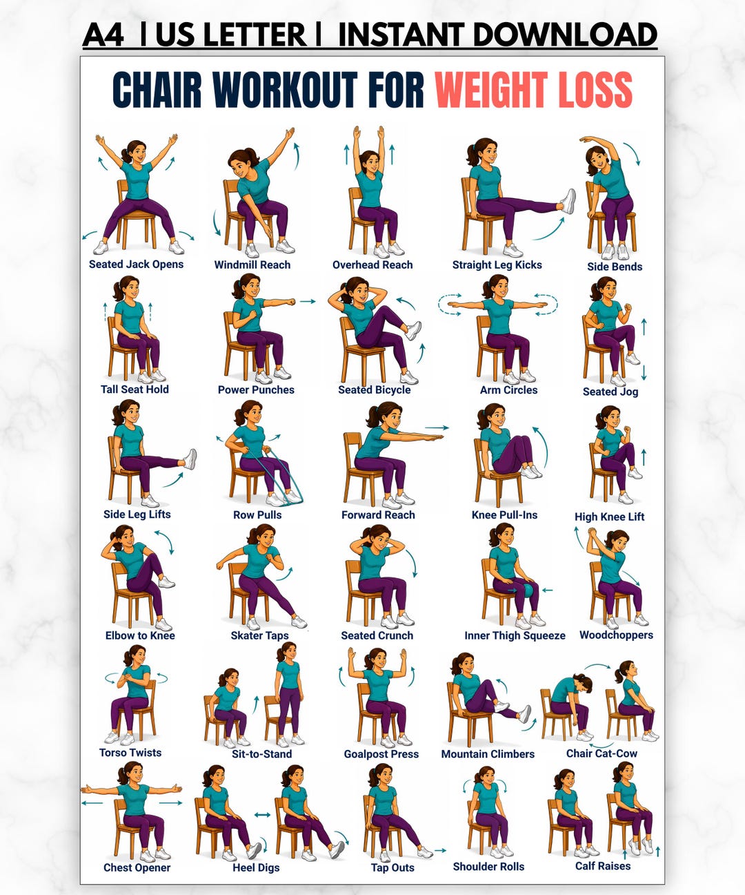 Chair Workout for Weight Loss Printable, 30 Seated Chair Exercises, Low