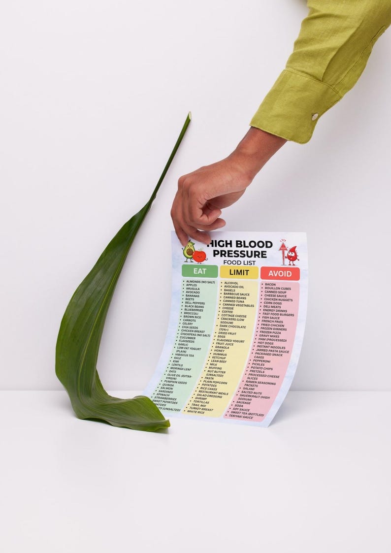 May include: A colorful food list for high blood pressure, held by a person. The list categorizes foods into "Eat", "Limit", and "Avoid" sections. A large green leaf is next to the list.