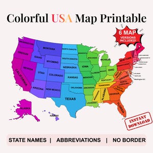 Może przedstawiać: Kolorowa mapa USA, oznaczona nazwami i skrótami stanów, bez obramowań. Mapa podzielona jest na różne kolory dla każdego stanu. Tekst na górze brzmi "Colorful USA Map Printable". Zawiera tekst "Instant Download".