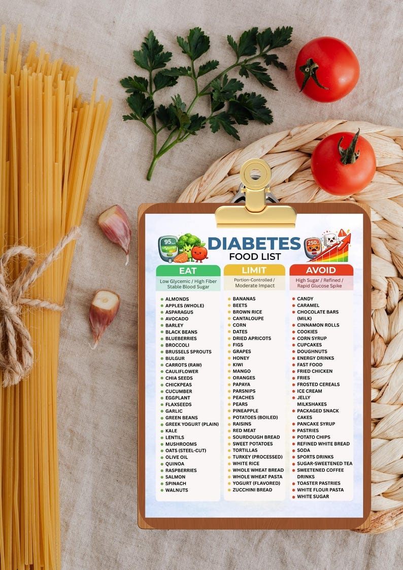 May include: A diabetes food list on a clipboard with a gold clip, featuring sections for foods to eat, limit, and avoid. The image includes tomatoes, garlic, pasta, and parsley.