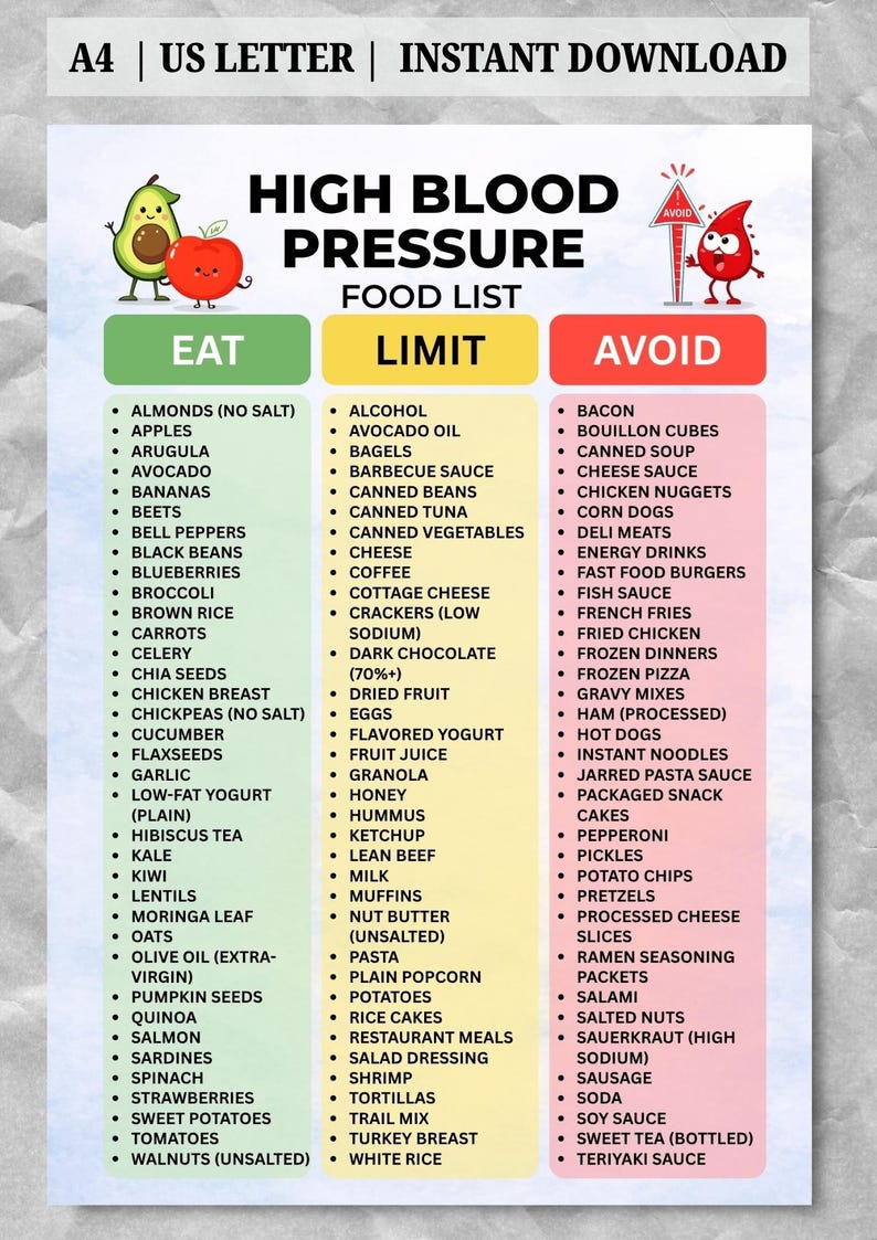 May include: A food list for high blood pressure, with categories: Eat, Limit, and Avoid. Includes fruits, vegetables, and other food items. The document is available for instant download.