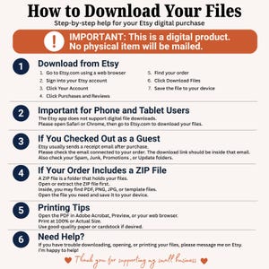 May include: An instructional graphic titled How to Download Your Files with a numbered list from one to six. It explains the process for downloading digital Etsy purchases, including guest checkout, ZIP file extraction, and printing tips for PDF files.
