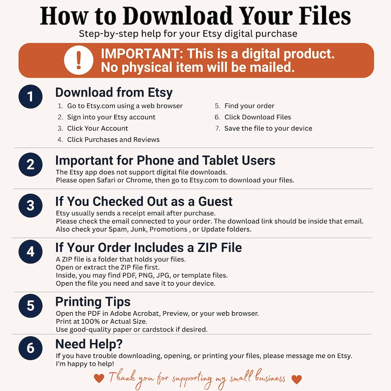 May include: An instructional graphic titled How to Download Your Files with a numbered list from one to six. It explains the process for downloading digital Etsy purchases, including guest checkout, ZIP file extraction, and printing tips for PDF files.