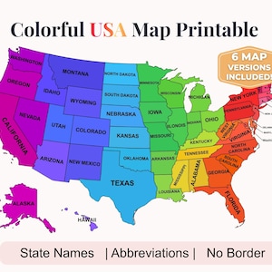 Könnte beinhalten: Eine farbenfrohe, druckbare Karte der USA, die jeden Bundesstaat in einer einzigartigen Farbe zeigt. Die Karte enthält Staatsnamen, Abkürzungen und ist ohne Rahmen. Das Bild gibt auch an, dass sechs Kartenversionen enthalten sind.