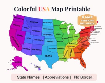 Mapa colorido de EE. UU. imprimible, mapa de Estados Unidos con nombres de estados, póster de estados del arcoíris, arte mural de geografía para el aula, descarga instantánea