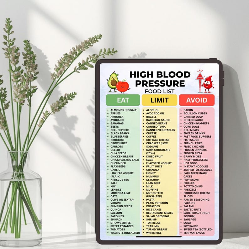 May include: A digital tablet displays a "High Blood Pressure Food List" with categories: Eat, Limit, and Avoid. The list includes foods like apples, avocados, and salmon, with a focus on dietary choices for managing blood pressure.