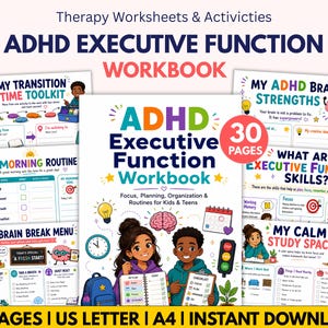 ADHD Executive Function Workbook for Kids, ADHD Planner Worksheets, Focus Routine Activities, Organization Skills, Printable Therapy Pages