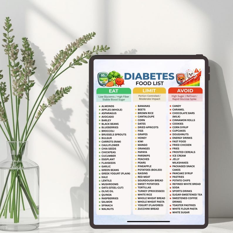 May include: A digital tablet displays a "Diabetes Food List" with three categories: "Eat," "Limit," and "Avoid." The "Eat" section lists foods like almonds, asparagus, and blueberries. The "Avoid" section includes candy, cookies, and soda.