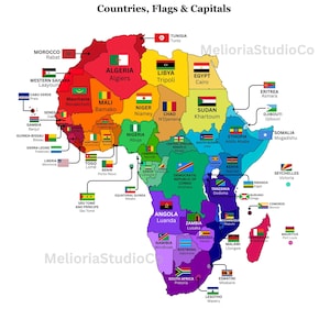 Op de afbeelding: Een kleurrijke kaart van Afrika, met landen, vlaggen en hoofdsteden. De kaart toont de tekst "Afrika, Landen, Vlaggen & Hoofdsteden". De vlaggen worden naast de namen van de landen weergegeven.