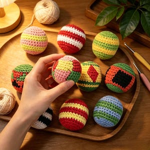 May include: A collection of colorful, handmade crochet balls in various patterns and colors, including red and white stripes, green and yellow stripes, and patchwork designs. The balls are displayed on a wooden tray, showcasing the craft and texture.
