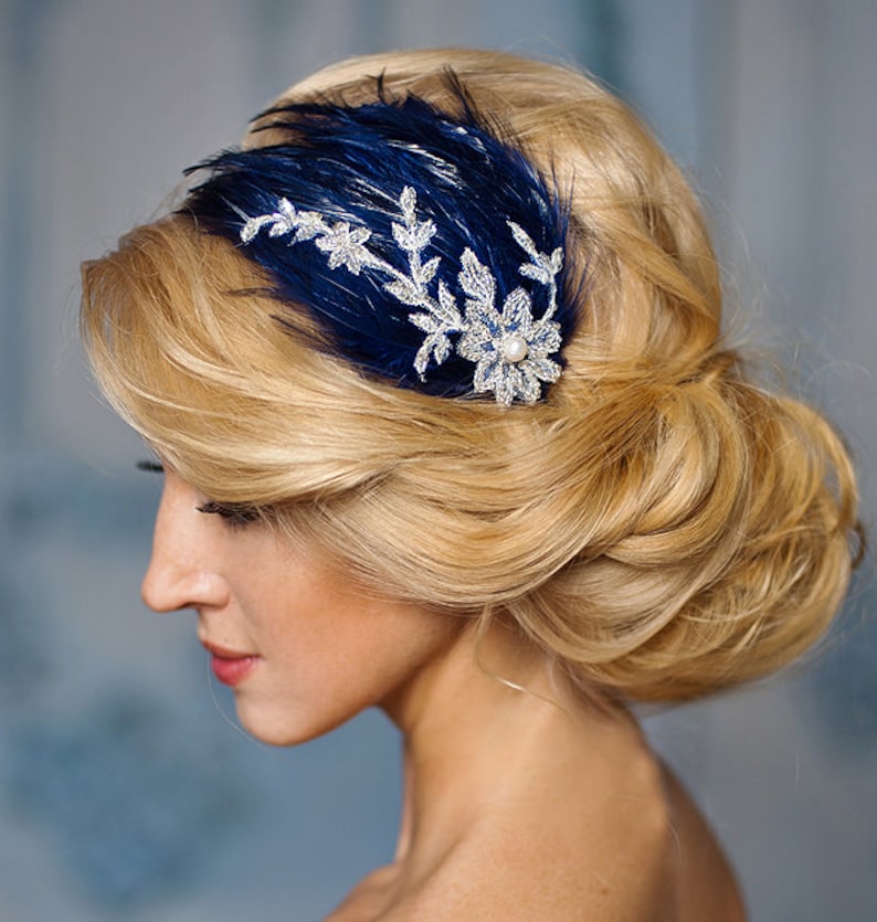 Blue Wedding fascinator navy blue fascinator with silver lace Etsy