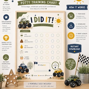 Könnte beinhalten: Ein gerahmtes Monster Truck Töpfchentrainings-Diagramm mit dem Text "I DID IT!" und "I'm learning to use the potty!". Das Diagramm enthält Felder zur Fortschrittsverfolgung, mit Illustrationen von Monstertrucks und einer Sonne. Zwei druckbare Größen enthalten.